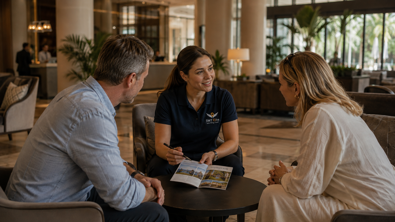 SWT hotel representative assisting guests in a resort lobby