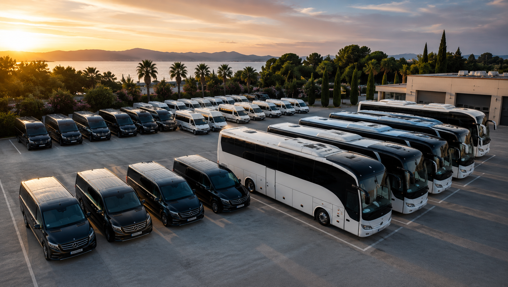 Mixed SWT fleet lineup — executive vans, minibuses and coaches