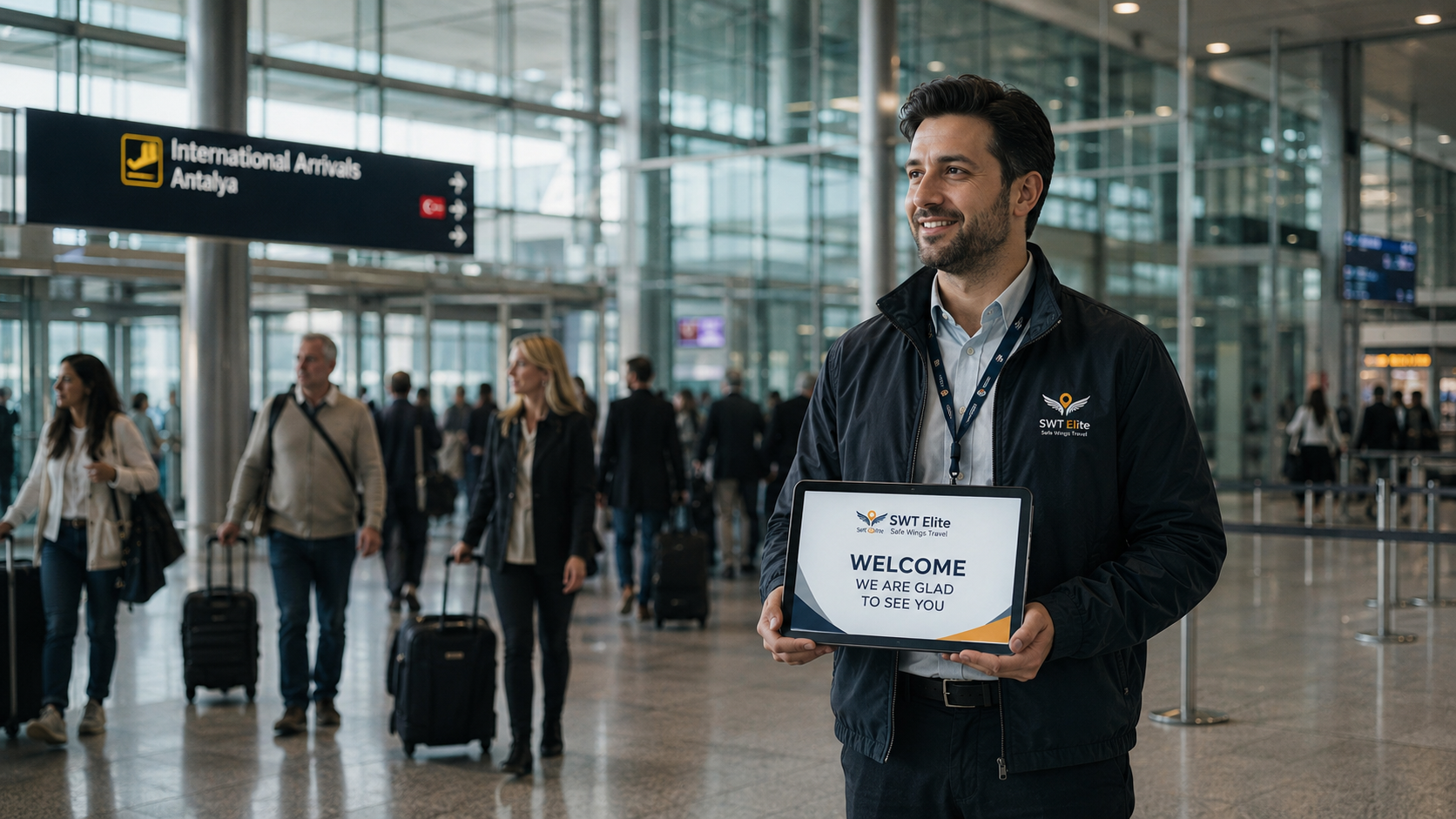 SWT representative meeting arriving guests inside the airport