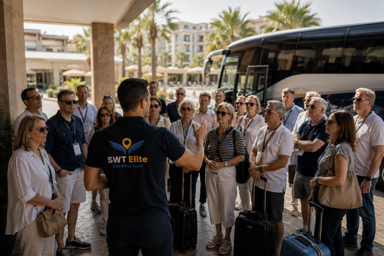 SWT staff member briefing a tour group beside a coach at a hotel