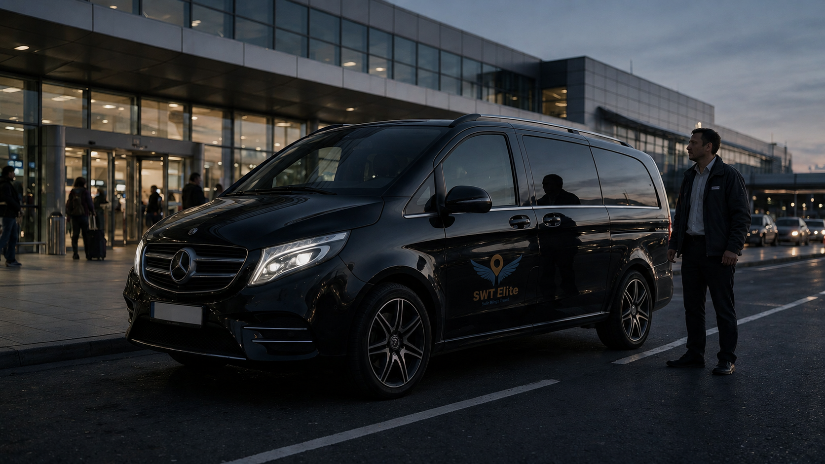 SWT-branded black executive minivan at the airport with a ground-operations representative